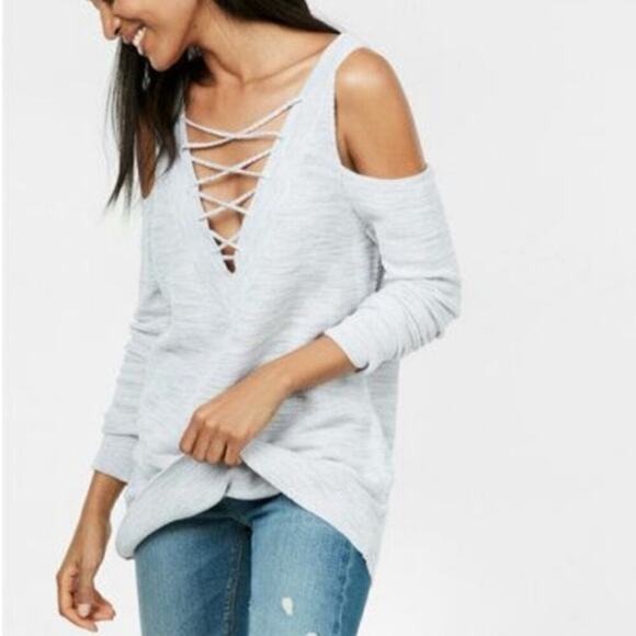 Express Two Way Lace Up Cold Shoulder Sweater XS - Picture 2 of 8